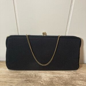 Vintage Fabric Clutch Bag With Kiss Clasp & Gold Chain Black Formal Evening Wear